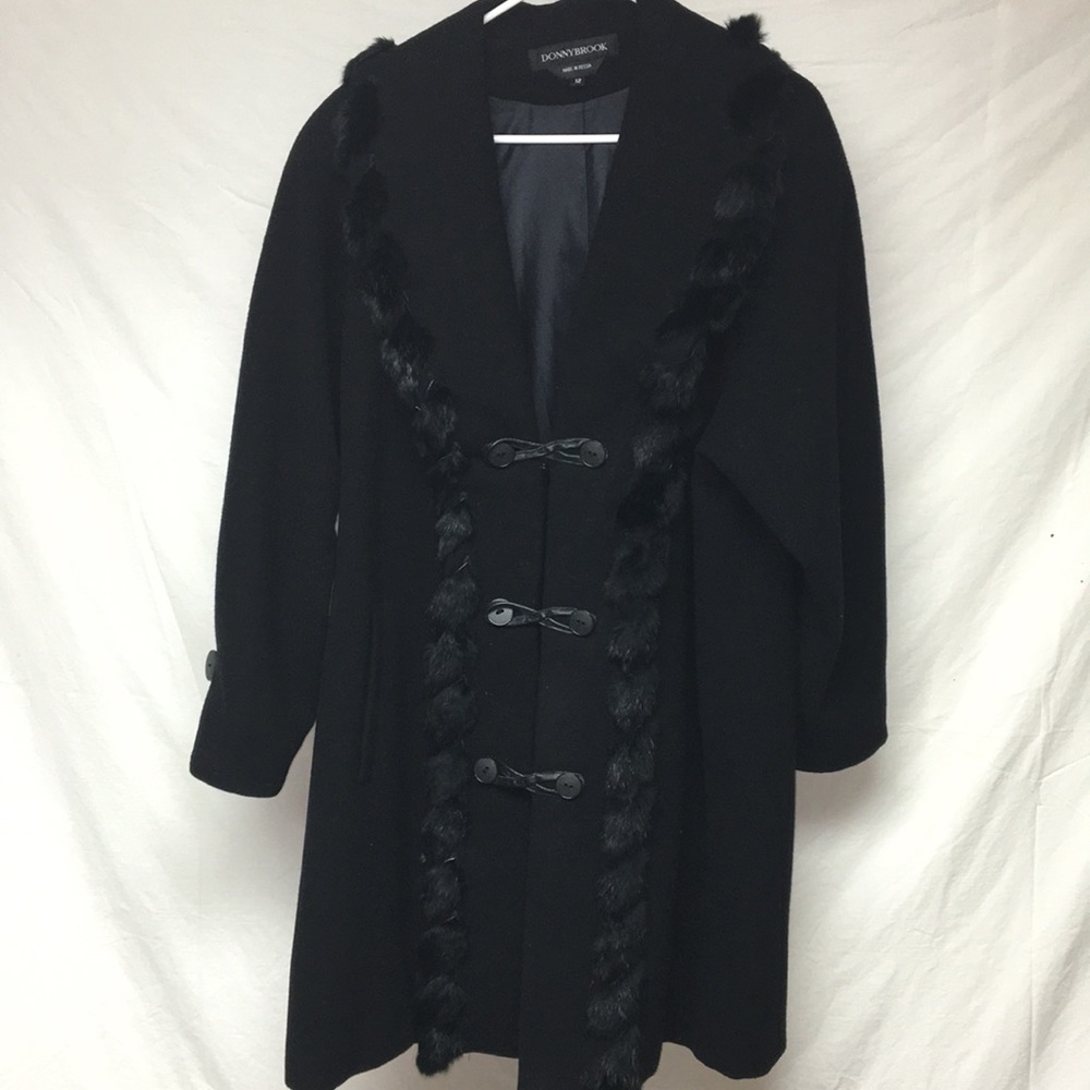 Black Wool coat with rabbit trim